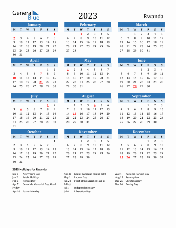 Printable Calendar 2023 with Rwanda Holidays (Monday Start)