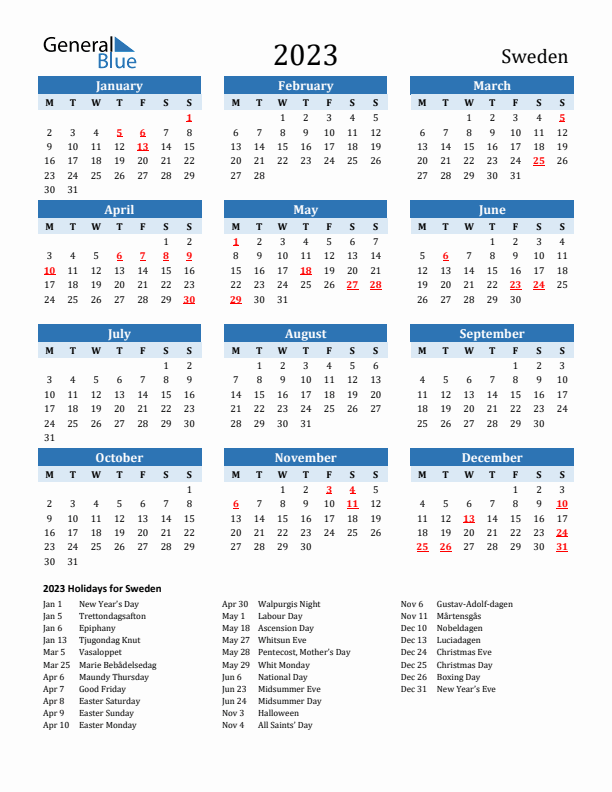 Printable Calendar 2023 with Sweden Holidays (Monday Start)