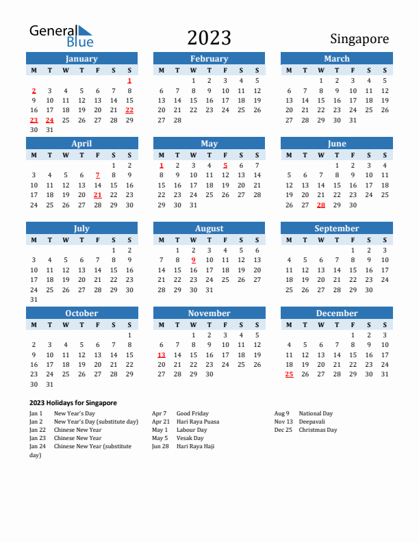 Printable Calendar 2023 with Singapore Holidays (Monday Start)
