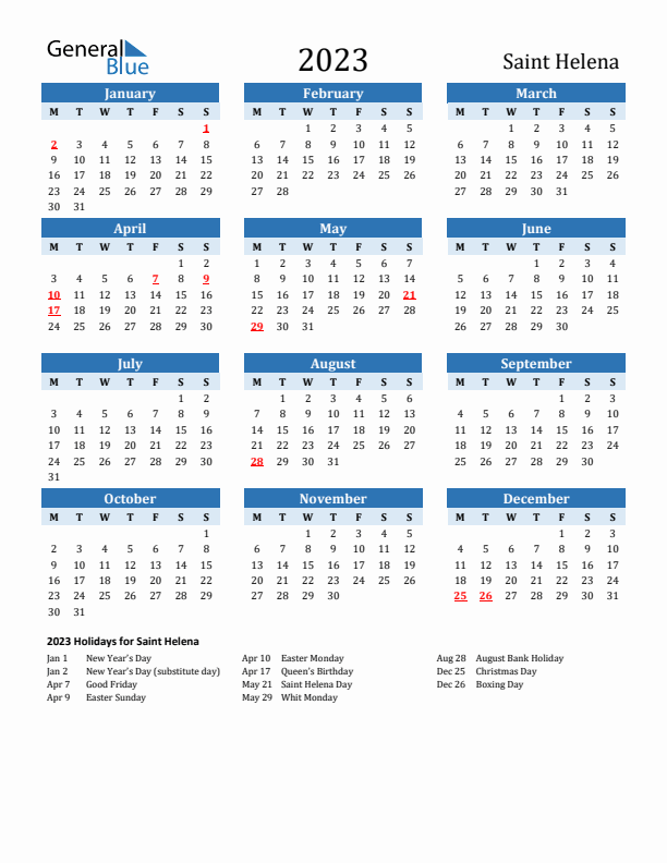 Printable Calendar 2023 with Saint Helena Holidays (Monday Start)