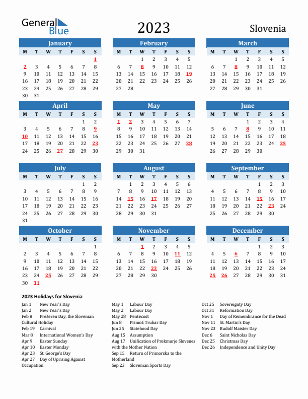 Printable Calendar 2023 with Slovenia Holidays (Monday Start)