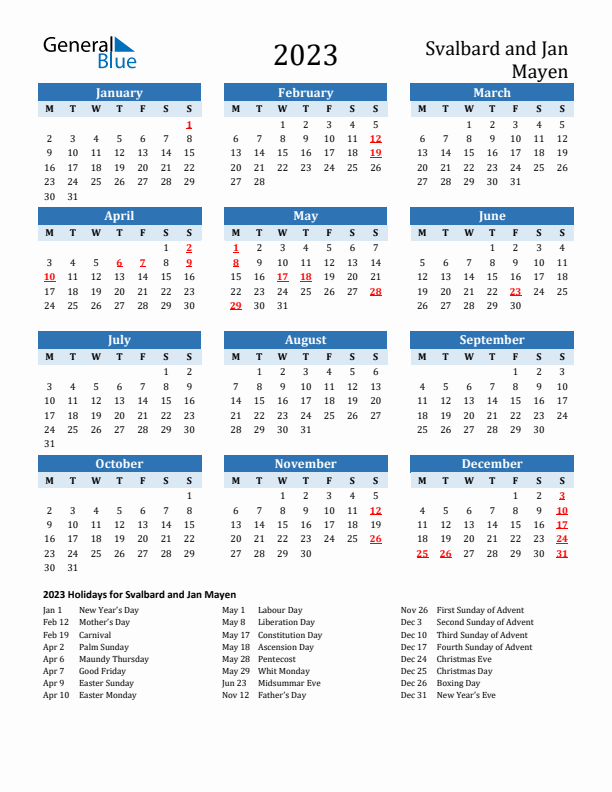 Printable Calendar 2023 with Svalbard and Jan Mayen Holidays (Monday Start)