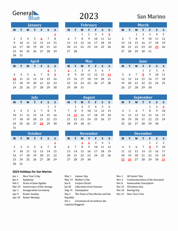 Printable Calendar 2023 with San Marino Holidays (Monday Start)