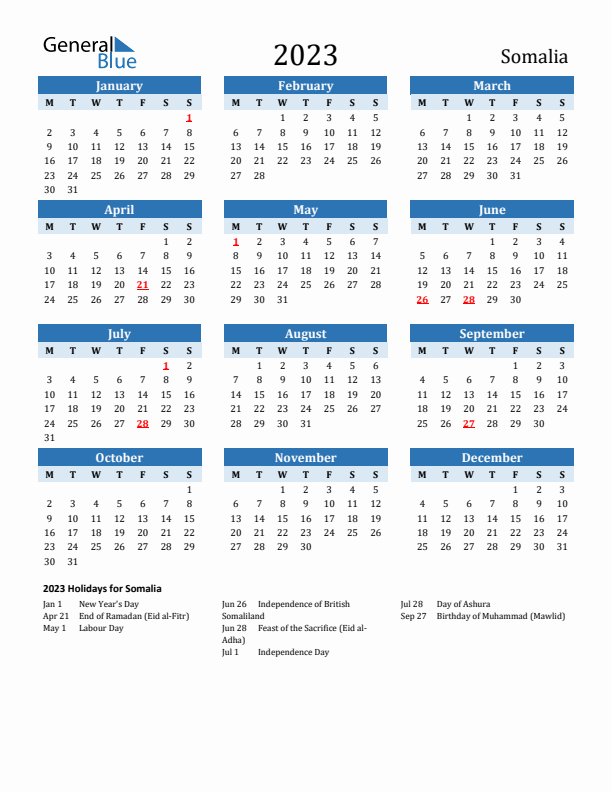 Printable Calendar 2023 with Somalia Holidays (Monday Start)