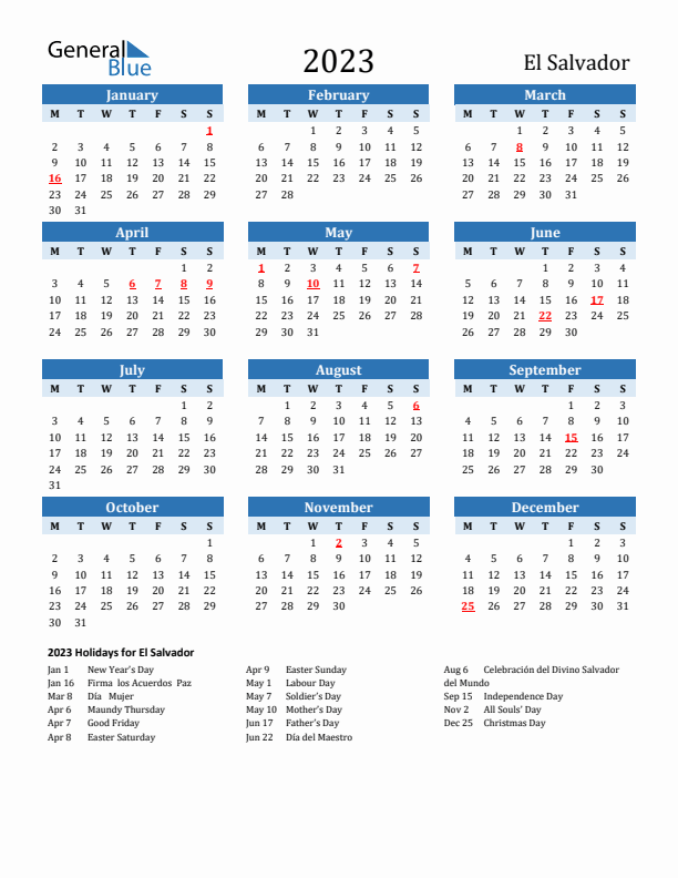 Printable Calendar 2023 with El Salvador Holidays (Monday Start)