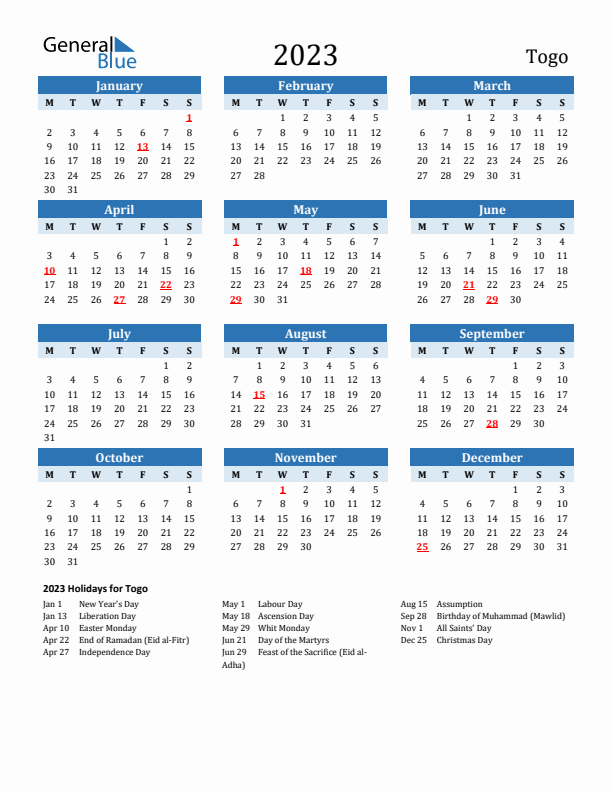 Printable Calendar 2023 with Togo Holidays (Monday Start)
