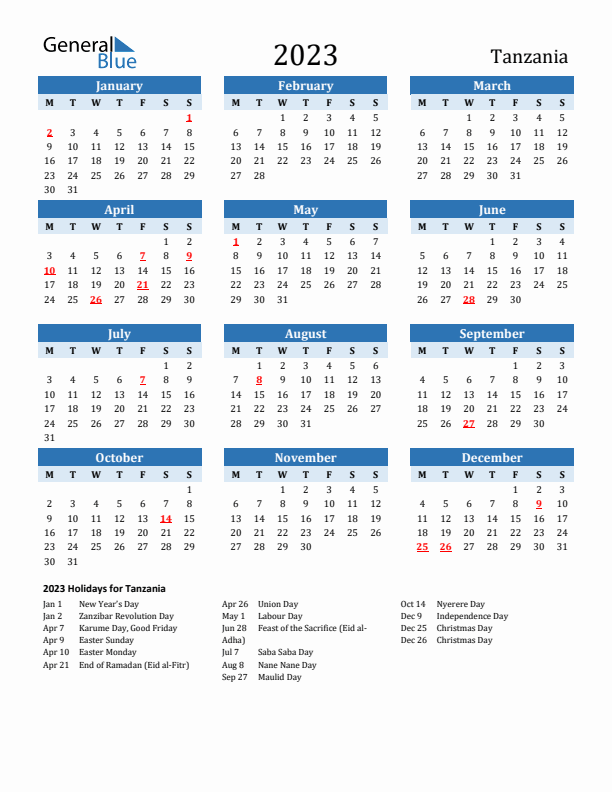 Printable Calendar 2023 with Tanzania Holidays (Monday Start)