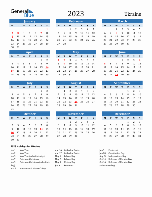 Printable Calendar 2023 with Ukraine Holidays (Monday Start)