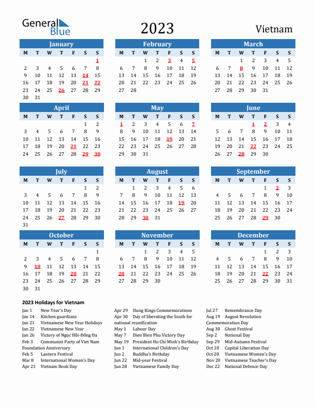 Printable Calendar 2023 with Vietnam Holidays (Monday Start)