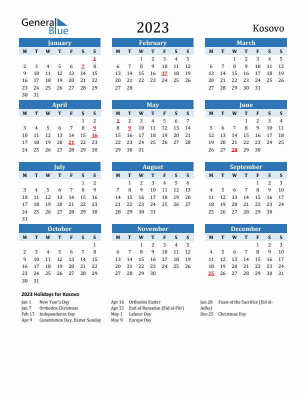 Printable Calendar 2023 with Kosovo Holidays (Monday Start)