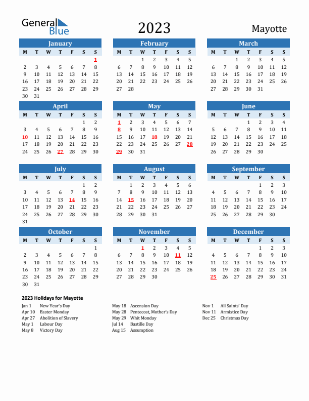 Printable Calendar 2023 with Mayotte Holidays (Monday Start)