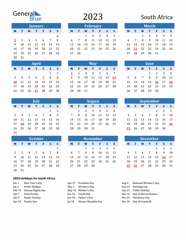 Printable Calendar 2023 with South Africa Holidays (Monday Start)