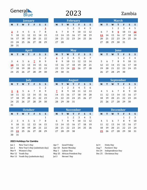 Printable Calendar 2023 with Zambia Holidays (Monday Start)