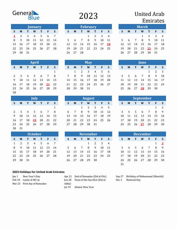 Printable Calendar 2023 with United Arab Emirates Holidays (Sunday Start)