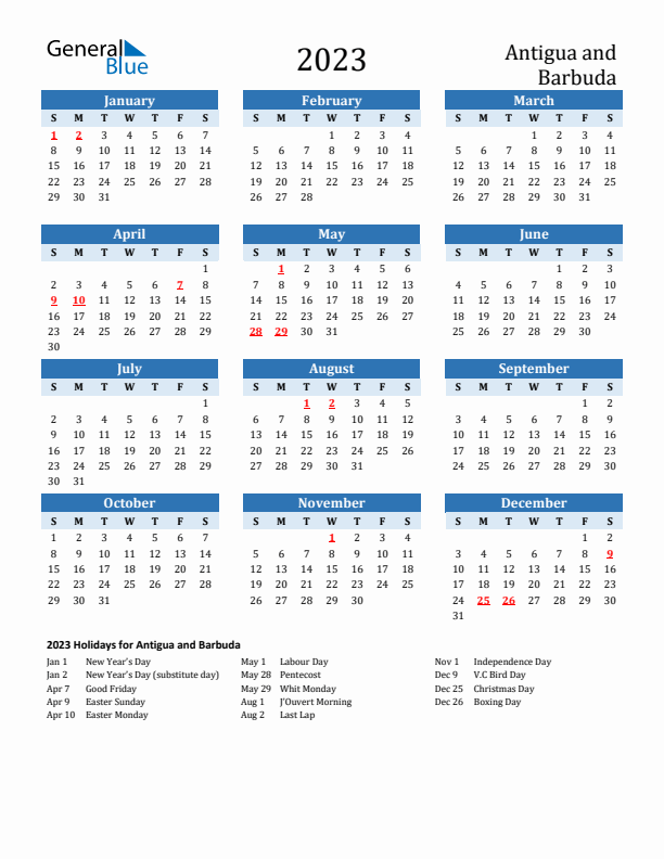 Printable Calendar 2023 with Antigua and Barbuda Holidays (Sunday Start)