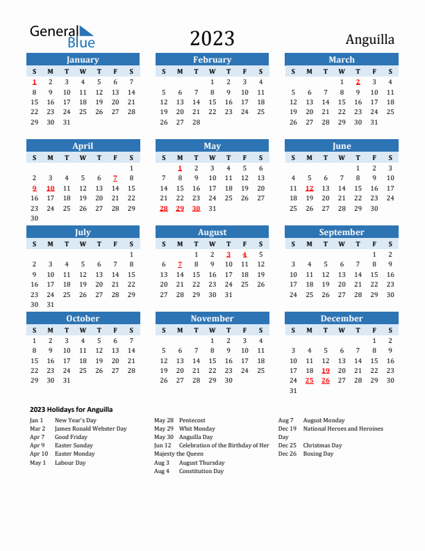 Printable Calendar 2023 with Anguilla Holidays (Sunday Start)