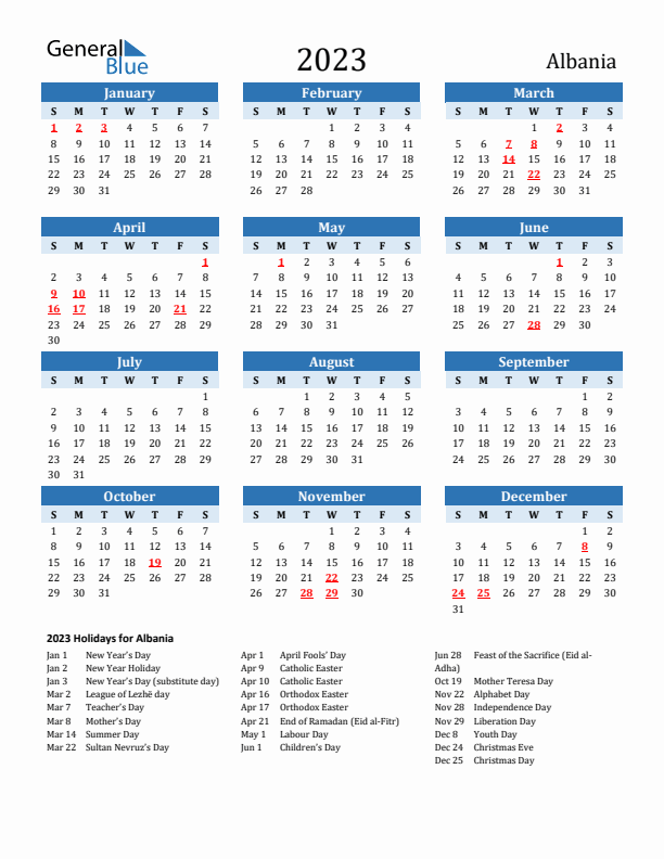 Printable Calendar 2023 with Albania Holidays (Sunday Start)