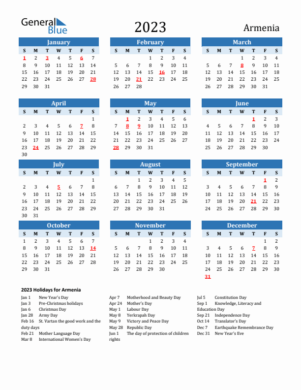 Printable Calendar 2023 with Armenia Holidays (Sunday Start)