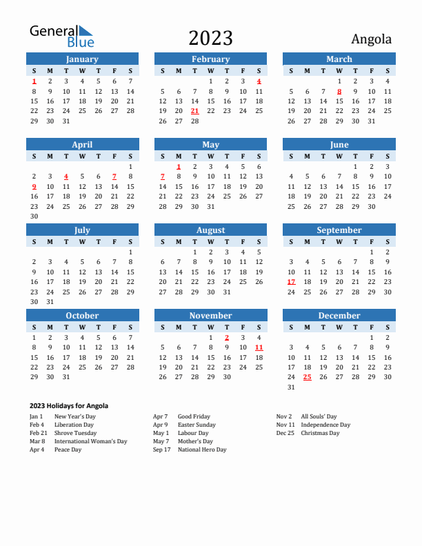 Printable Calendar 2023 with Angola Holidays (Sunday Start)