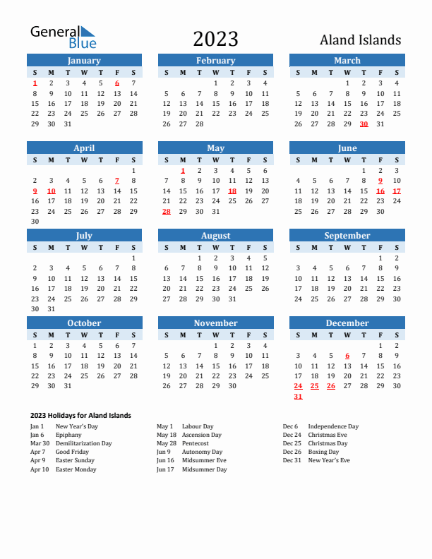 Printable Calendar 2023 with Aland Islands Holidays (Sunday Start)