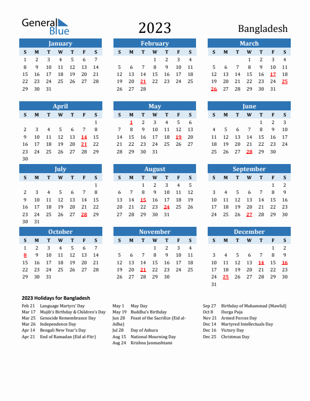 Printable Calendar 2023 with Bangladesh Holidays (Sunday Start)