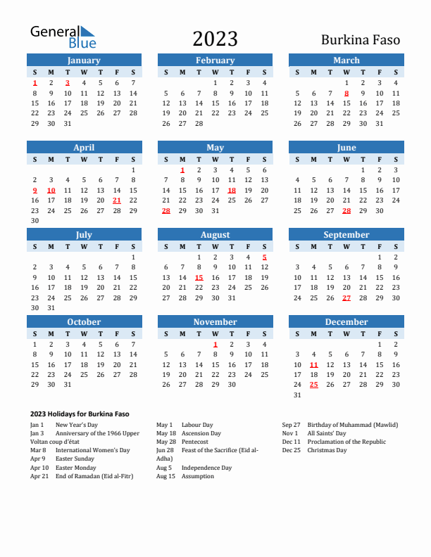 Printable Calendar 2023 with Burkina Faso Holidays (Sunday Start)