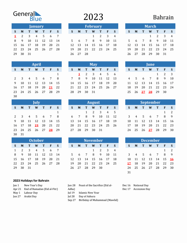Printable Calendar 2023 with Bahrain Holidays (Sunday Start)
