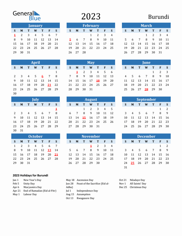 Printable Calendar 2023 with Burundi Holidays (Sunday Start)