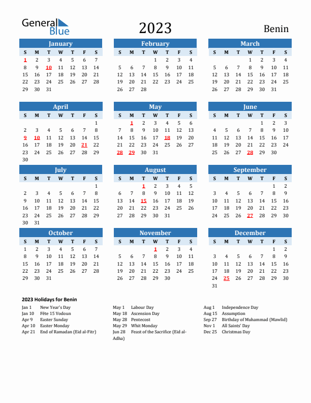 Printable Calendar 2023 with Benin Holidays (Sunday Start)