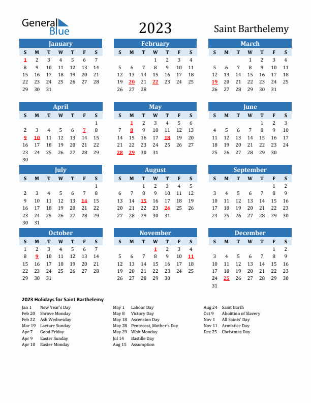 Printable Calendar 2023 with Saint Barthelemy Holidays (Sunday Start)