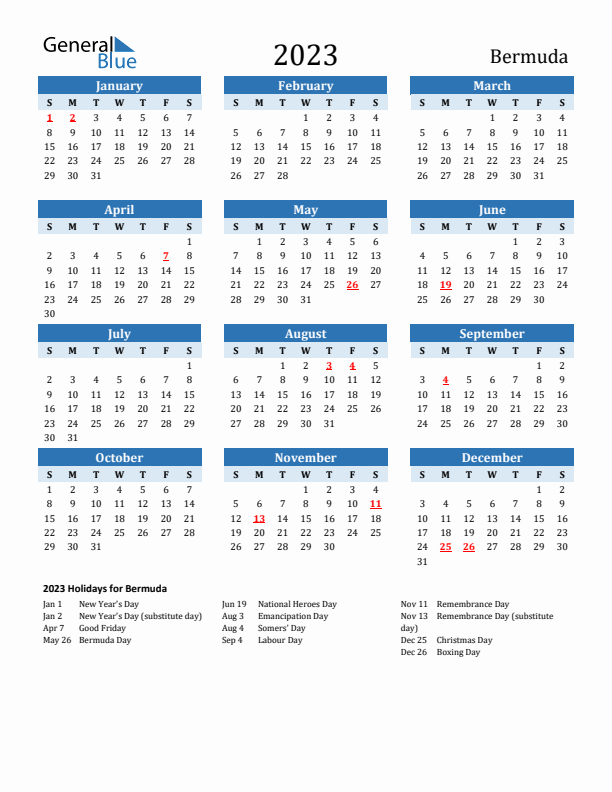 Printable Calendar 2023 with Bermuda Holidays (Sunday Start)