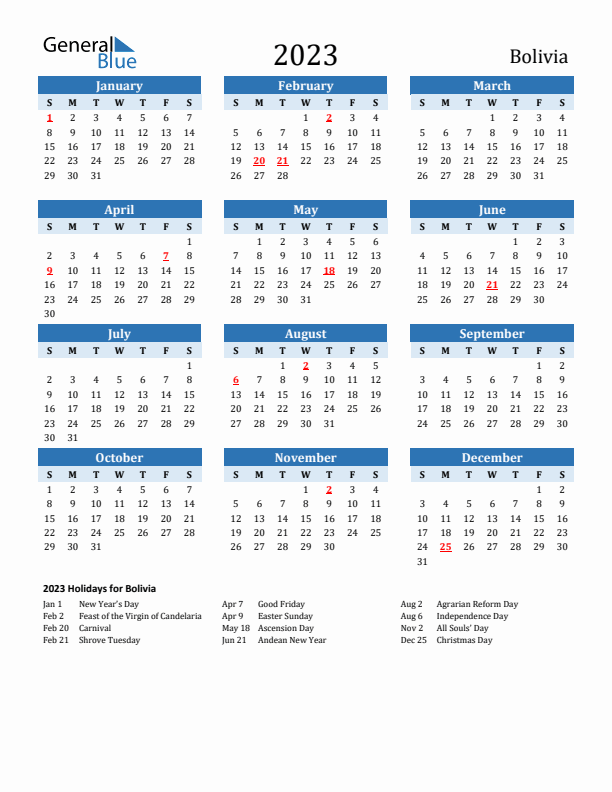Printable Calendar 2023 with Bolivia Holidays (Sunday Start)