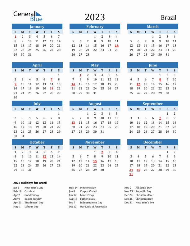 Printable Calendar 2023 with Brazil Holidays (Sunday Start)