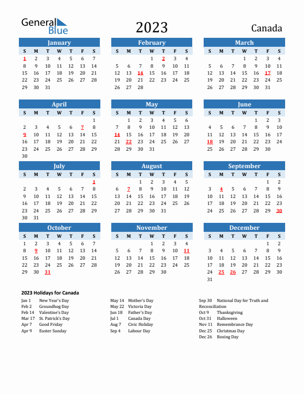 Printable Calendar 2023 with Canada Holidays (Sunday Start)