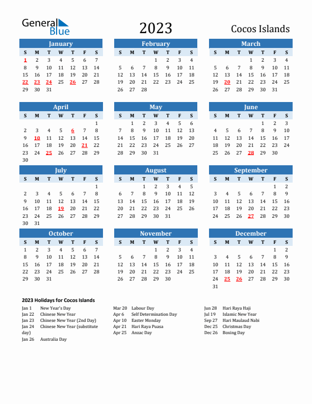 Printable Calendar 2023 with Cocos Islands Holidays (Sunday Start)