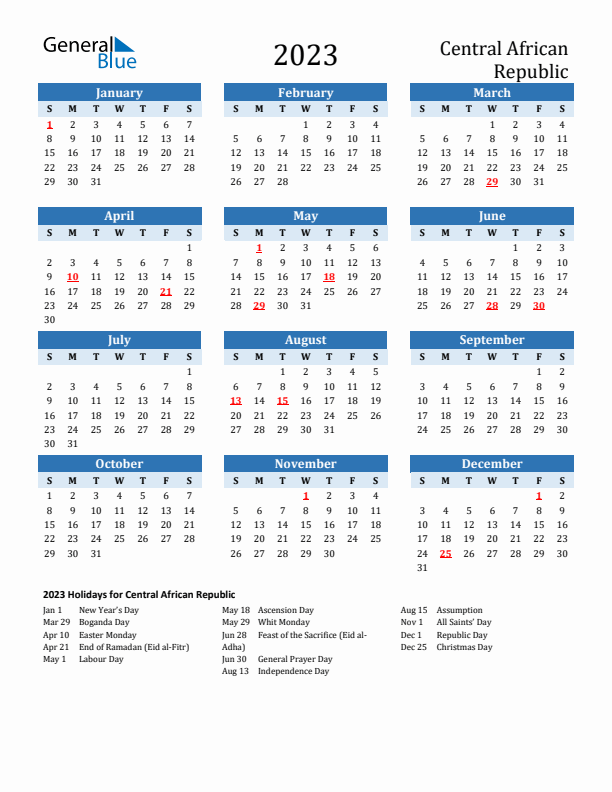 Printable Calendar 2023 with Central African Republic Holidays (Sunday Start)