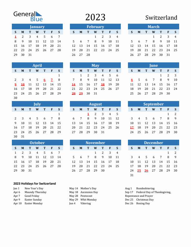 Printable Calendar 2023 with Switzerland Holidays (Sunday Start)