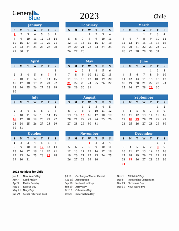 Printable Calendar 2023 with Chile Holidays (Sunday Start)