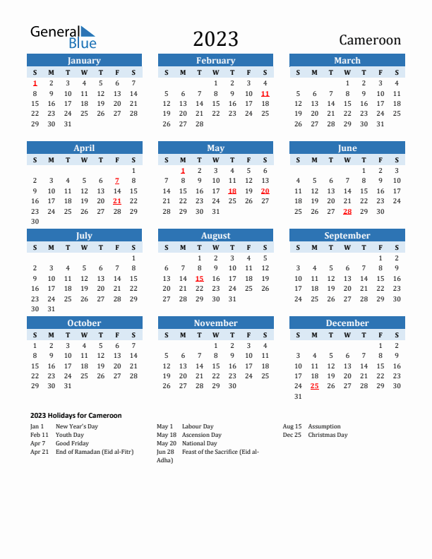 Printable Calendar 2023 with Cameroon Holidays (Sunday Start)
