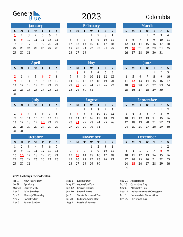 Printable Calendar 2023 with Colombia Holidays (Sunday Start)