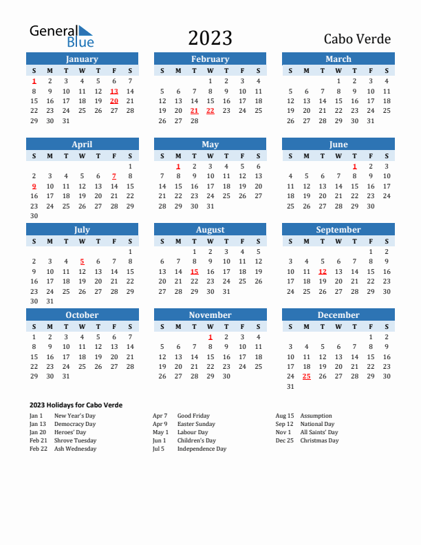 Printable Calendar 2023 with Cabo Verde Holidays (Sunday Start)