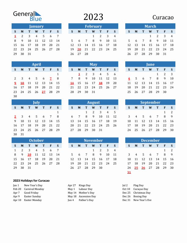 Printable Calendar 2023 with Curacao Holidays (Sunday Start)