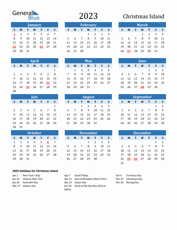 Printable Calendar 2023 with Christmas Island Holidays (Sunday Start)