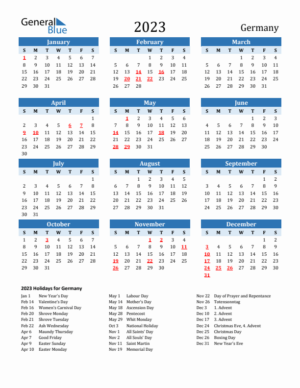 Printable Calendar 2023 with Germany Holidays (Sunday Start)