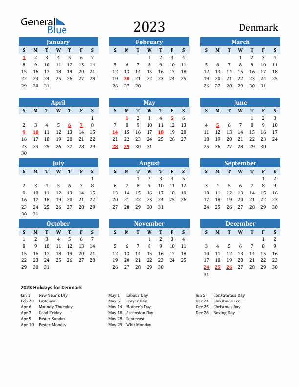 Printable Calendar 2023 with Denmark Holidays (Sunday Start)