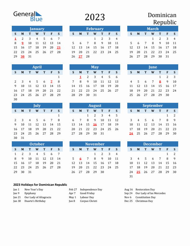Printable Calendar 2023 with Dominican Republic Holidays (Sunday Start)