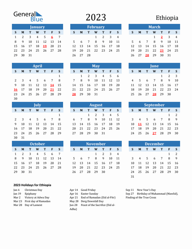 Printable Calendar 2023 with Ethiopia Holidays (Sunday Start)