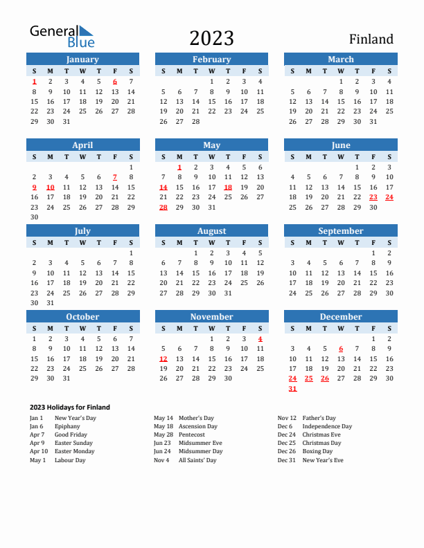 Printable Calendar 2023 with Finland Holidays (Sunday Start)
