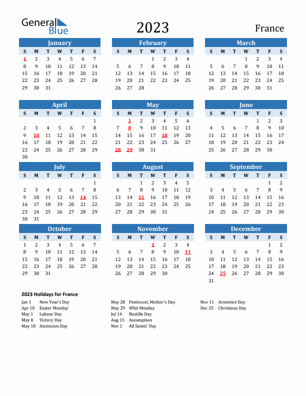 Printable Calendar 2023 with France Holidays (Sunday Start)
