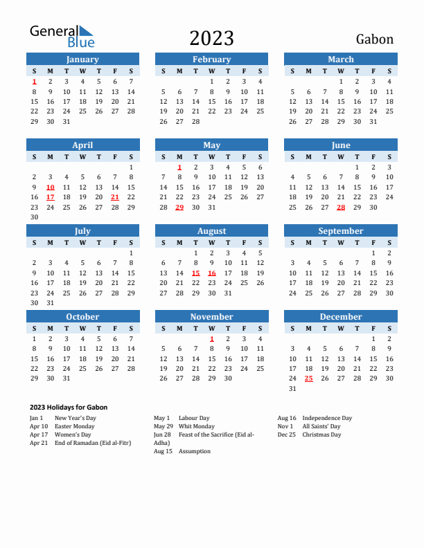 Printable Calendar 2023 with Gabon Holidays (Sunday Start)